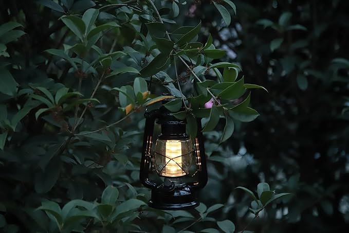YAKii LED Vintage Lantern Metal Hanging Hurricane 12 LED Dimmer Switch Warm White Battery Operated Power Outage Indoor Camping Lighting Outdoor Brooklyn Decoration(Black)-Ruum Studio Home
