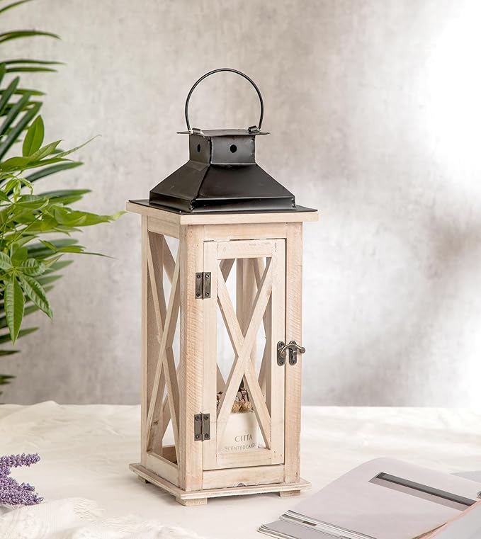 TIMRIS Large Wooden Candle Lanterns Decorative Set of 2, Rustic Farmhouse Whitewash Floor Lanterns, Indoor/Outdoor Hanging Lanterns for Home Decor (No Glass)-Ruum Studio Home