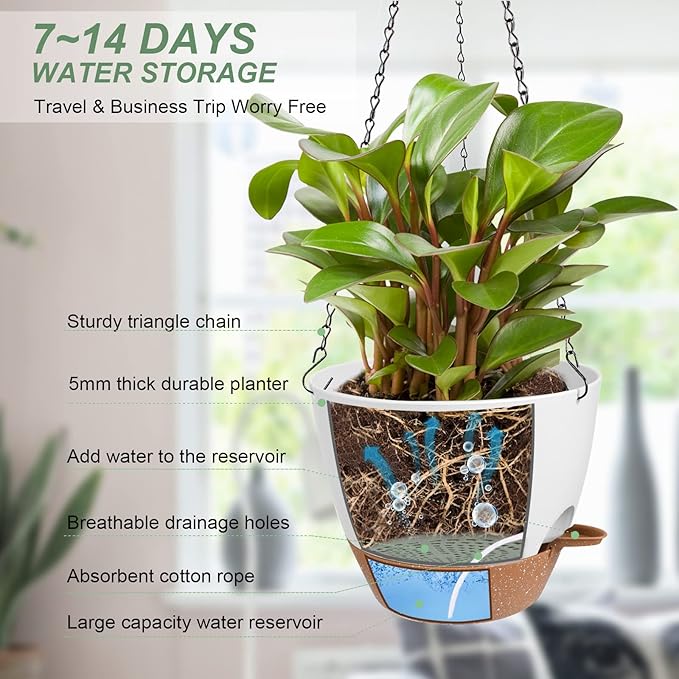 Hanging Planters for Indoor Outdoor Plants, 2 Pack Self Watering Hanging Pot with Drainage Holes & Removable Tray (White, 8'')-Ruum Studio Home