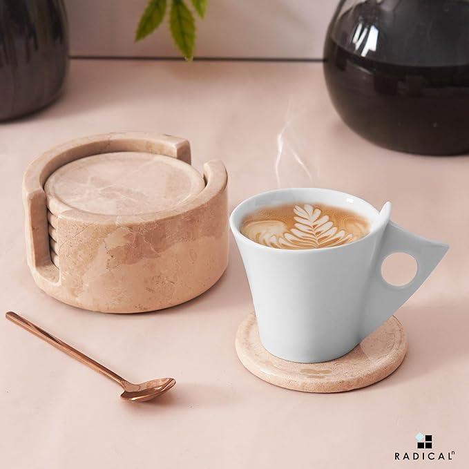 Marble Coasters Set of 6 Verona 3.5 Inch Round Coaster for Drinks with Holder, Drink Coaster for Tabletop & Coffee Table Decor, Ideal Home Decor House Warming Gifts-Ruum Studio Home