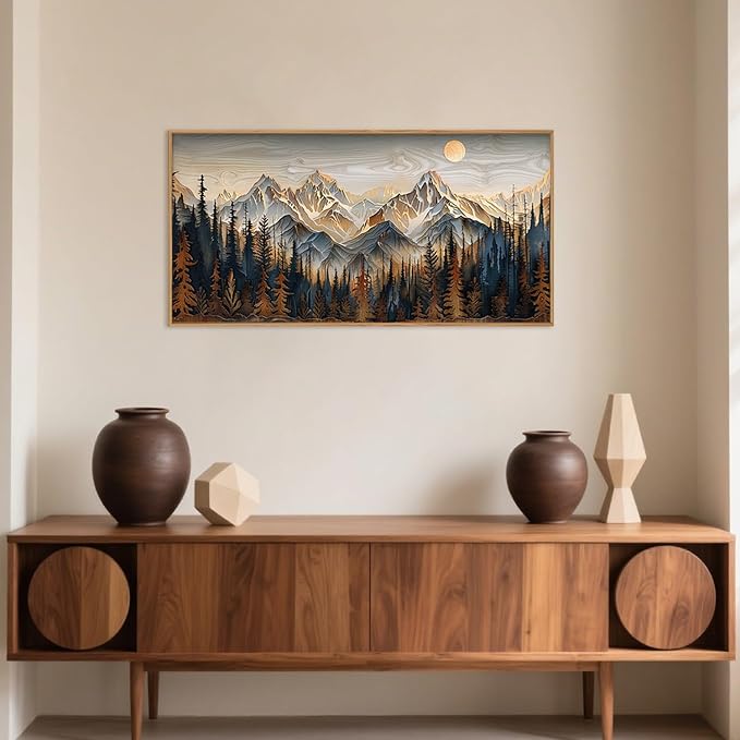 Celestdeco Wood Mountain Framed Canvas Wall Art Set, Pine Trees Wall Painting, Ridge Scenery Wall Decor, Natural Sun Landscape Art Print for Living Room, Bedroom, Dining Room, Office - 20"x40"x1-Ruum Studio Home