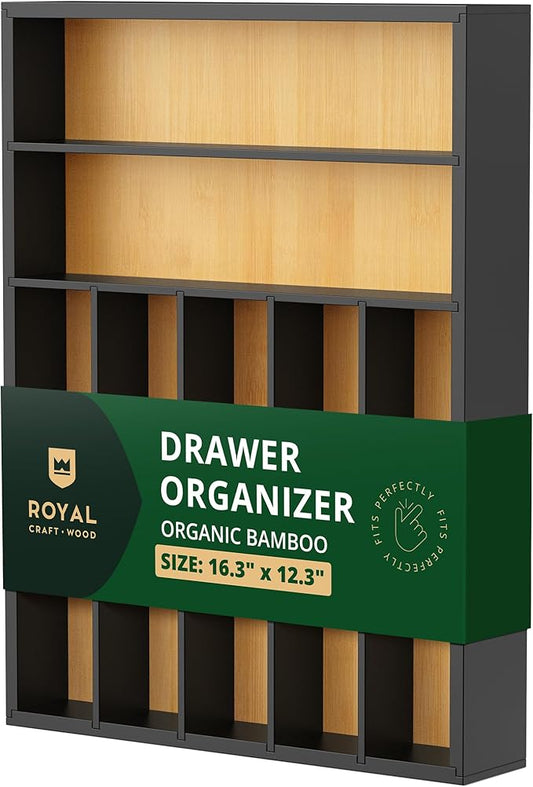ROYAL CRAFT WOOD Luxury Bamboo Kitchen Drawer Organizer - Silverware Organizer - Utensil Holder and Cutlery Tray with Grooved Drawer Dividers for Flatware and Kitchen Utensils (7 Slot)-Ruum Studio Home