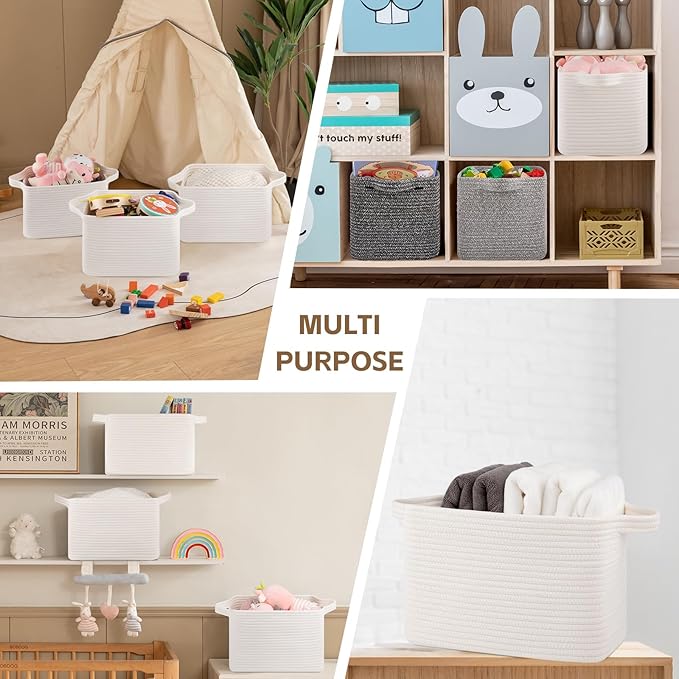 Storage Basket for Organizing, Woven Baskets for Storage, Rectangle Decorative Baskets for Shleves, Closet, Toys, Books, Nursery Organizer Bins - Pack of 3 (White)-Ruum Studio Home