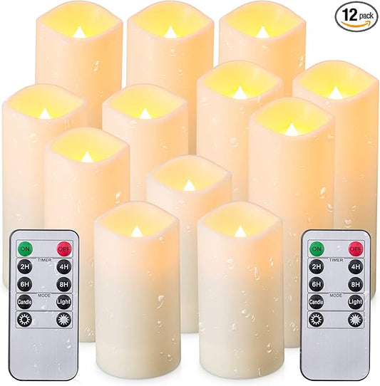 Waterproof Flickering Flameless Candles, Set of 12 Battery Operated Candles (D2.2'' x H4''5''6''7"), Outdoor Indoor Candles with 10-Key Timer Remote, Long Lasting