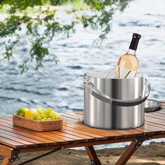 3.2 Liter Ice Bucket with Silicone Lid, Strainer, Tongs, Double Wall Insulated Stainless Steel Ice Bucket Wine Bucket for Cocktail Bar and Parties-Ruum Studio Home