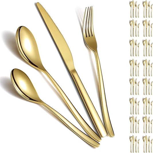 Berglander Gold Silverware Set 48pcs Service for 12, Golden Titanium Plating Stainless Steel Flatware Set, Gold Spoons Forks Knives Set for Home, Wedding, Restaurant, Hotel, Dishwasher Safe-Ruum Studio Home