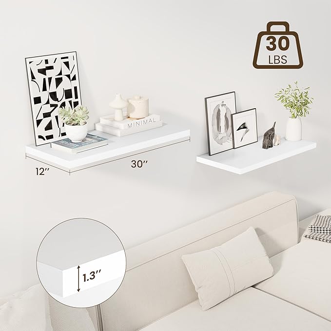 30" Floating Shelves for Wall, 12" Deep Slim White Floating Shelves, Wall-Mounted Shelves for Bedroom, Living Room, Kitchen, Bathroom - Set of 2-Ruum Studio Home