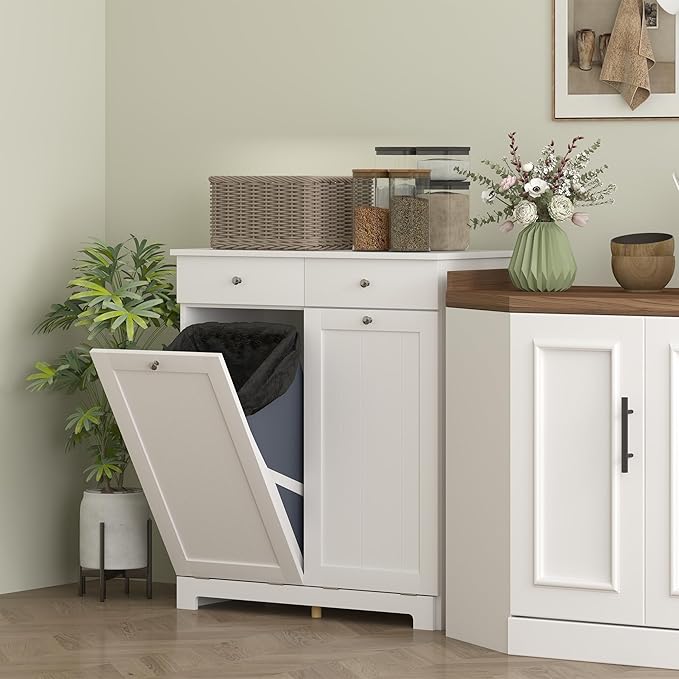 HOMCOM Laundry Hamper Cabinet with 2 Removable Baskets, Tilt Out Laundry Hamper Cabinet with 2 Drawers and 2 Beadboard Doors, Laundry Cabinet Bathroom Storage Cabinet, White-Ruum Studio Home