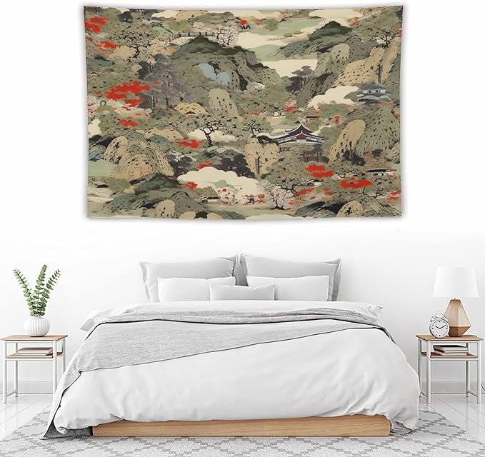 Asian Tapestry,Japanese Red Landscape Asian Watercolor Abstract Art Tapestry, Asian Japanese Wall Tapestry, Nature Landscape Tapestries for Bedroom Living Room Decor 90"x60"-Ruum Studio Home