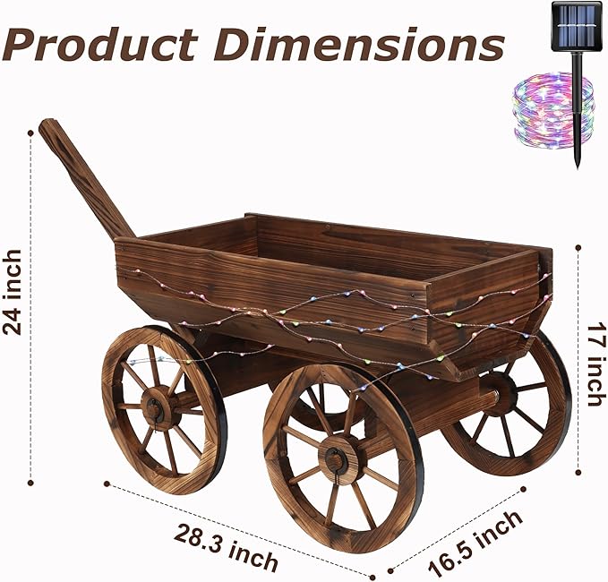 Garden Wooden Decor Rustic Flower Pot,Planters Wagon Indoor Outdoor Backyard Balcony Decor,for Outside Garden Decor Wheelbarrow Planter for Patio (Wooden Wagon with Light)-Ruum Studio Home