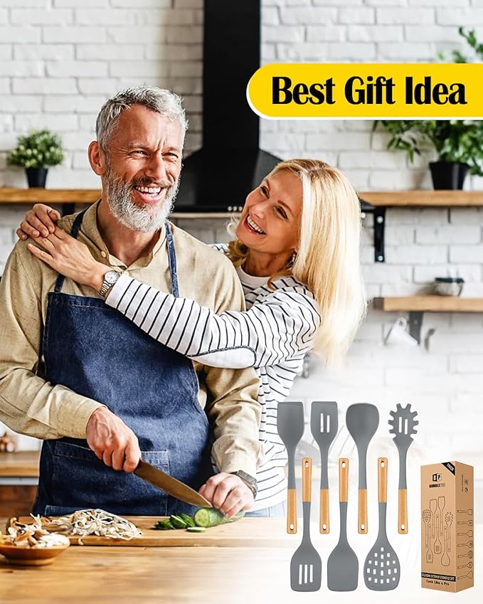 Silicone Kitchen Utensil Set for Non Stick Cookware, 7 Pcs Heat Resistant Cooking Utensils with Wooden Handle, BPA Free Kitchen Tools with Spatulas, Spoons, Skimmer and Pasta Fork (GRAY)-Ruum Studio Home