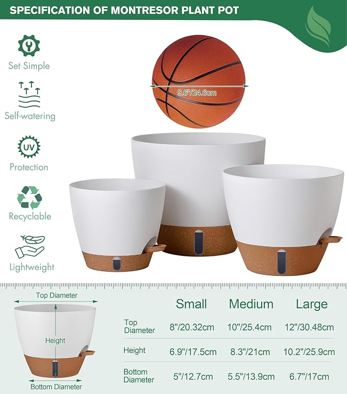 montresor 12/10/8 Inch Self Watering Pots for Indoor Plants Plastic Large Pot for Outdoor Plants, Water Level Window & Spacious Reservoir Flower Pots Decorative Planter with Drainage and Tray (White)-Ruum Studio Home