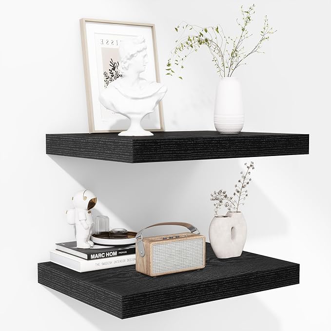 Fun Memories Floating Shelves - 2 Pack 12 Inch Deep Rustic Wooden Wall Shelves - Extra Deeper & Thicker Wall Mounted Storage Shelf for Kitchen, Farmhouse - 16" W x 12" D x 1.5" H - Rustic Black-Ruum Studio Home