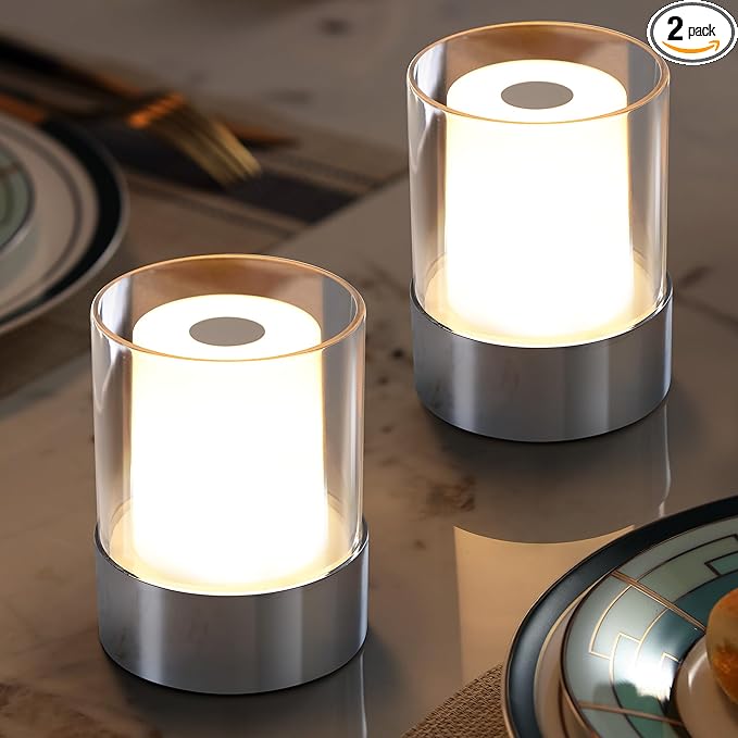LED 4" inch Touch Night Light for Nursery Baby Kids Set of 2 (Chrome), Small Outdoor Waterproof Lamp for Bathroom Camping, Rechargeable Cordless Table Lamp for Bar Bedside Restaurant Gifts-Ruum Studio Home