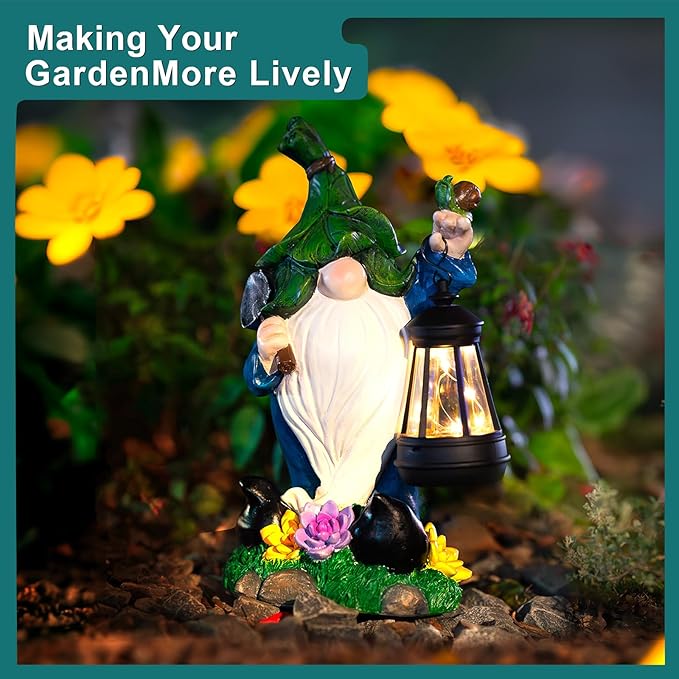 Solar Gnome Garden Figurine Yard Lights with Solar Lights Lantern & Shovel - Outdoor Yard Art Lawn Ornaments for Porch Patio Balcony - Gnome Gifts for Women Mom-Ruum Studio Home