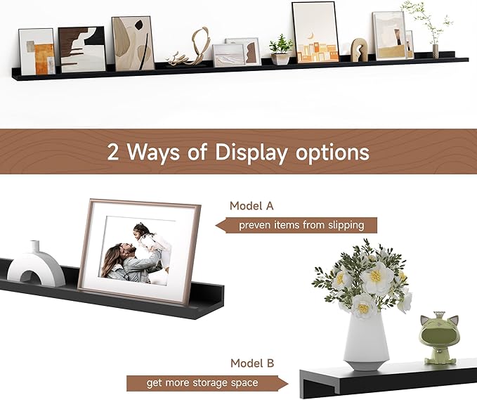 Floating Picture Ledge Shelves for Wall Set of 2, 84 Inches Picture Ledge Shelf with Long Large Nursery Book Shelf for Toys Storage Kids Bookshelf Wall Mounted Living Room Bedroom Decor Frames, Black-Ruum Studio Home