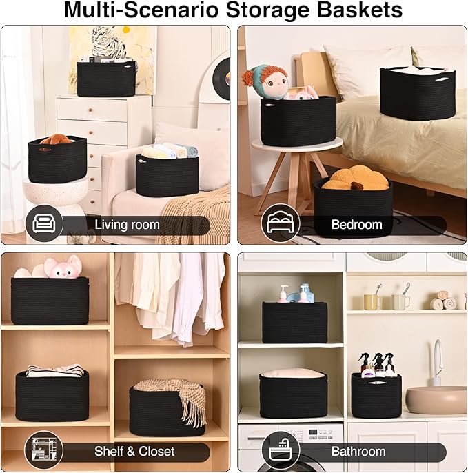 Black Storage Baskets for Organizing Shelves, Toy Basket for Nursery, Woven Cotton Rope Basket for Decor, Towel Baskets for Bathroom, 15"x11"x9.5", 3 Packs, Black-Ruum Studio Home
