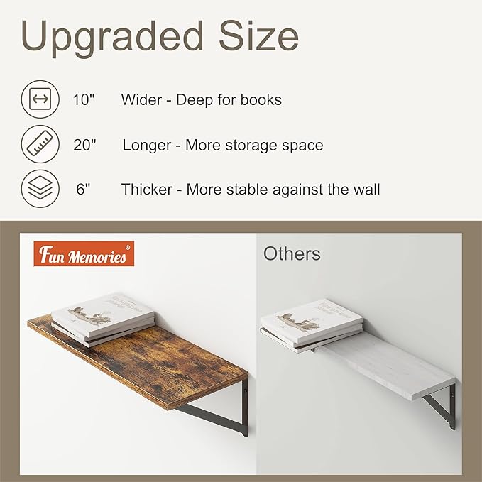 Fun Memories 20 Inch Floating Shelves, Deep Wall Shelves for Kitchen, 20 x 10 Floating Shelf for Living Room, Bedroom, Farmhouse Floating Shelves for Home Decor Storage, Rustic Brown, Set of 2-Ruum Studio Home
