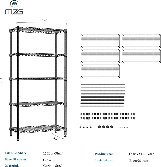1250 lbs 5 Tier Shelf Metal Storage Shelves Shelving Wire Rack Heavy Duty Closet Organizers for Garage Kitchen Bathroom Laundry Black 13.8" D x 35.4" W x 68.5" H-Ruum Studio Home