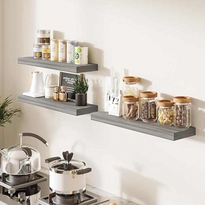 BAMEOS Floating Shelf,Wall Shelf,Decor Wall Mounted Shelves,Hanging Shelf Set of 3,L24xW6 for Bathroom Kitchen Living,Kitchen,Room Bedroom Storage,Walnut-Ruum Studio Home