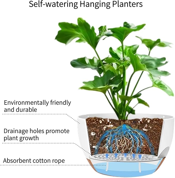 2 Pack Hanging Planters for Indoor Outdoor Plants, 12 Inch Self Watering Hanging Pot with Drainage Holes and Saucer, Plastic Plant Pots, White Brown Flower Pots for Kitchen, Balcony, Garden-Ruum Studio Home