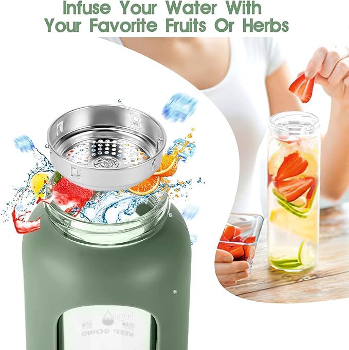 32 oz Glass Water Bottle with Straw - Motivational Time Marker & Silicone Sleeve - Reusable Tumbler Includes 2 Bamboo Lids & Fruit Infuser - 1 Pack-Ruum Studio Home