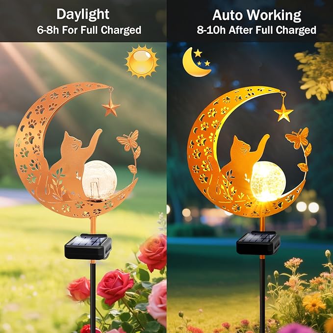YJFWAL Garden Solar Cat Lights Pathway Stake Lights Glass Globe with Moon Cat Decor, Gifts for Mom Grandma Friends, Outdoor Decor Light Waterproof for Walkway, Yard, Patio or Garden (Warm White)-Ruum Studio Home