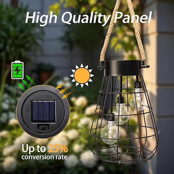 Solar Hanging Lantern with Rope, Vintage Industrial Pendant Light, 12.8" Solar Powered Outdoor Lantern, IP65 Waterproof Garden Light, Warm White Glow, Rechargeable for Patio, Porch, Yard Decor-Ruum Studio Home