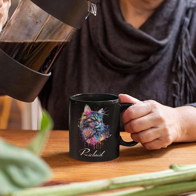 Customized Cat Ceramic Mug, Gift For Cat Pet Owner, Personalized Cat Lover Coffee Cup, Colorful Cat Design Mug For Birthday, Custom Name Cat Animal Black Cup, Unique Cat Mug 11oz 15oz-Ruum Studio Home