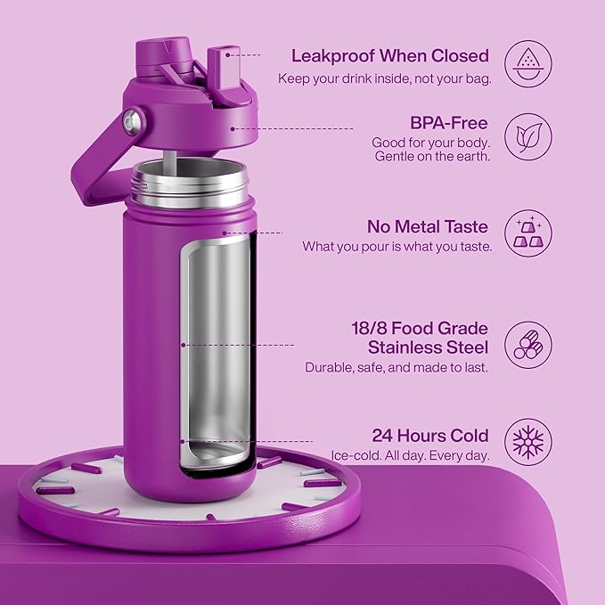 Insulated Water Bottle with Straw Stainless Steel Water Bottle, Leak-Proof, BPA-Free, Double Wall Vacuum Keeps Cold for 24 Hours for Sports, Travel, School (18 oz, Bright Magenta)-Ruum Studio Home