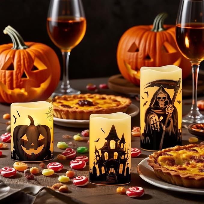 Wondise Halloween Flameless Flickering Candles with 6 Hour Timer, Battery Operated Real Wax Halloween Candles Set of 3 Halloween Decoration Grim Reaper, Haunted House, Pumpkin (3 x 4 5 6 Inch)-Ruum Studio Home