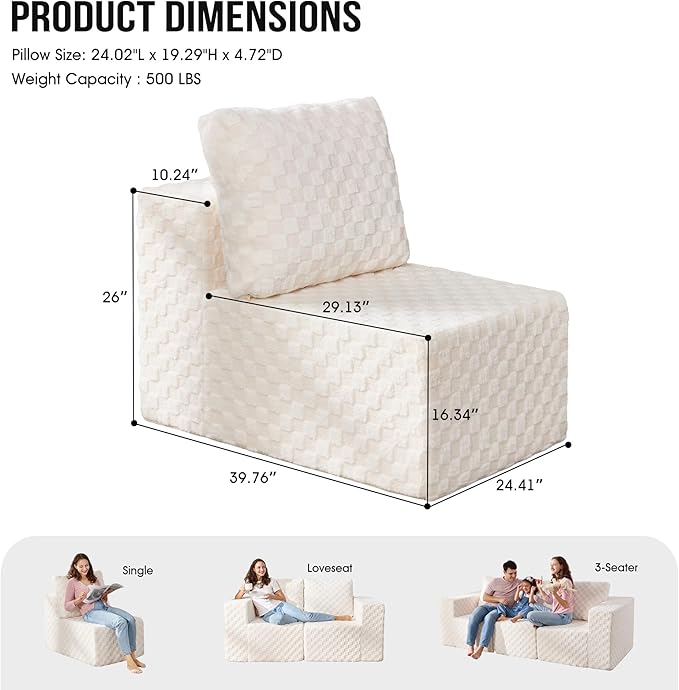 Single Sofa 1 Seat Couch with Deep Seat Memory Foam Cloud Chair with Pillows Large Sofa with L Shape for Living Room Bedroom (Plush White, Single)-Ruum Studio Home