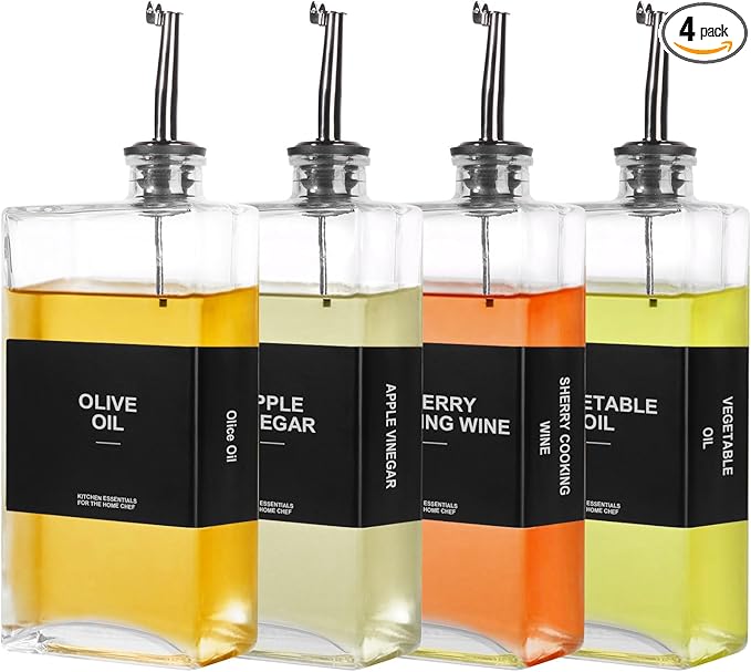 OKYUK Olive Oil Dispenser Bottle for Kitchen Cooking, 16.9oz/500ml Soy Sauce Coffee Syrup Oil and Vinegar Dispenser Set, with Silicone Funnel, Labels (4PCS, Black)-Ruum Studio Home