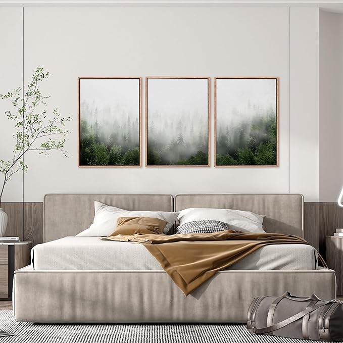 HPINUB Misty Green Forest Framed Canvas Wall Art Set, Nature Scenery Modern Wall Decor, Foggy Mountain Wall Painting, Woodland Landscape Nursery Art Print for Living Room, Bedroom, Office - 16"x24"x3-Ruum Studio Home