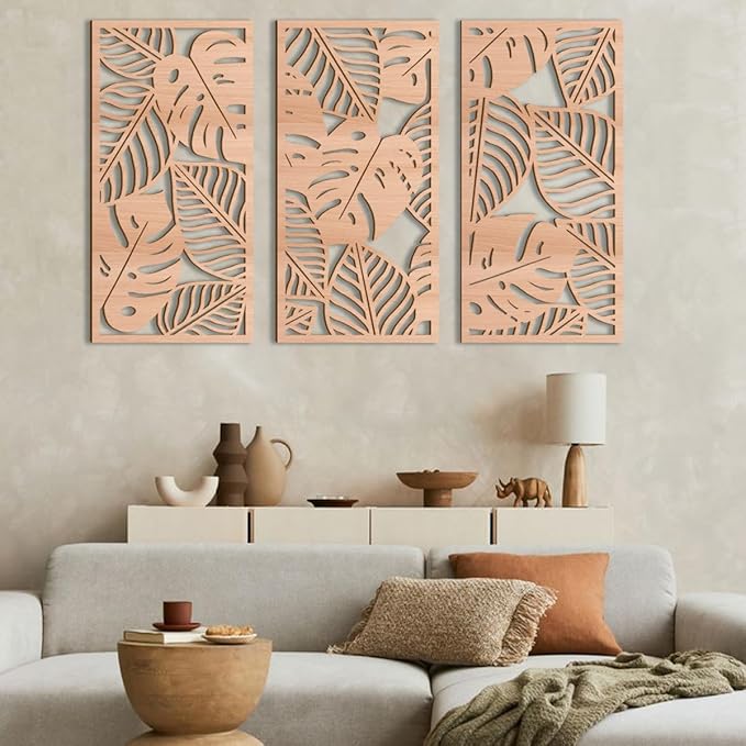 IARTTOP Leaf Wood Tropical Wall Art 15.9X32 Inch Carved Palm Leaves Wall Decor Coastal Monstera Plant Wall Sculptures for Living room Bedroom Set of 3-Ruum Studio Home