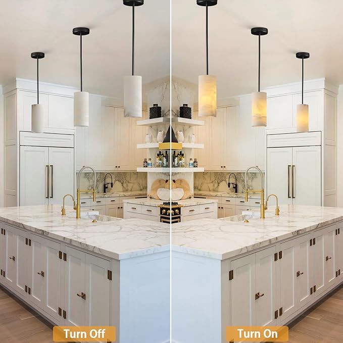 Alabaster Pendant Light Kitchen Island, H-9.5in Black Pendant Light Fixtures with Natural Marble Shade, Adjustable Ceiling Pendant for Dining Room, Living Room, Bedroom & Bathroom-Ruum Studio Home