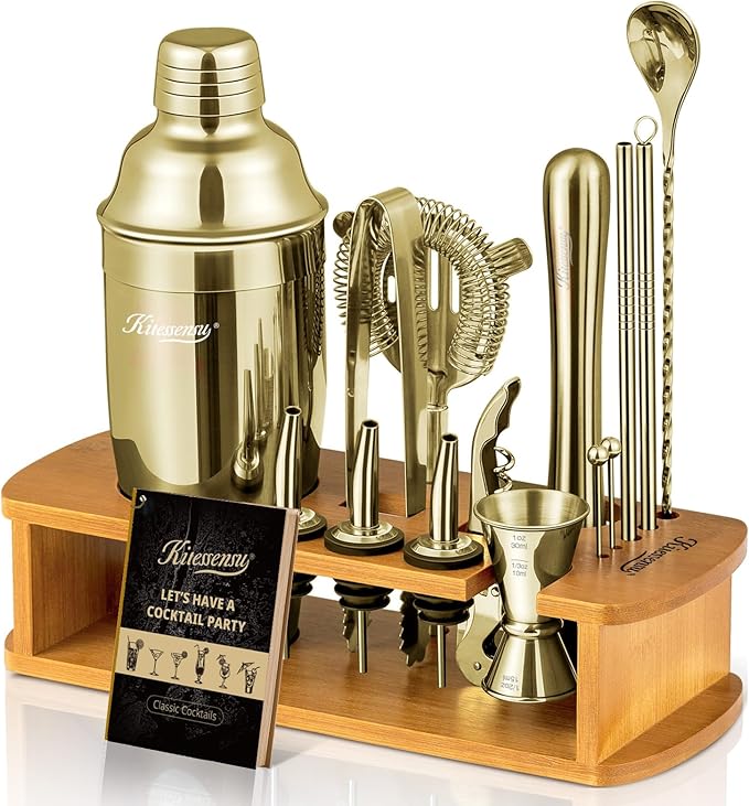 KITESSENSU Cocktail Shaker Set Bartender Kit with Stand | Bar Set Drink Mixer Set with All Essential Accessory Tools: Martini Shaker, Jigger, Strainer, Mixer Spoon, Muddler |Champagne Gold-Ruum Studio Home