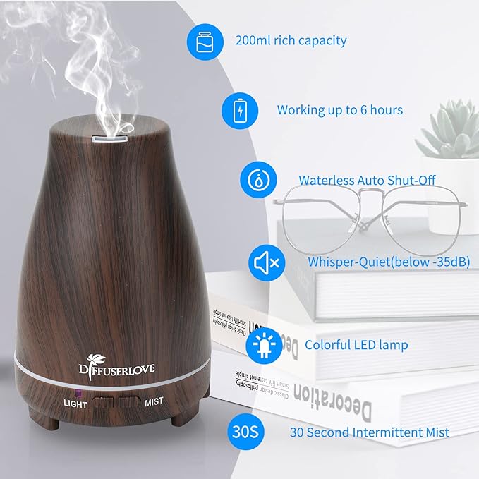 Diffuserlove Essential Oil Diffusers 200ML, Remote Control Aromatherapy Diffuser with 7 Color Lights, Auto Shut-Off for Bedroom Office Kitchen (Black Wood Grain)-Ruum Studio Home