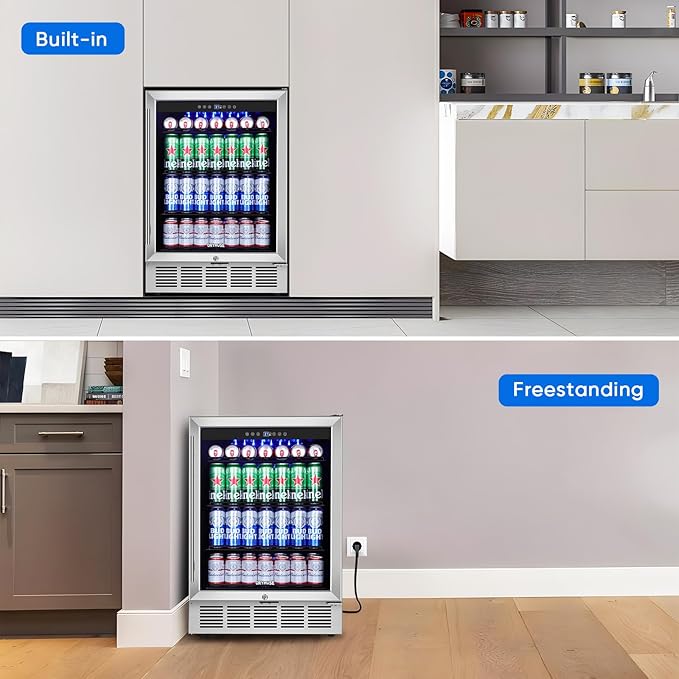 24" Beverage Refrigerator & Cooler, 180 Cans Under Counter Fridge with Lock, Glass Door & Powerful Cooling Compressor - Quiet, Built-in/Freestanding Drink Fridge-Ruum Studio Home