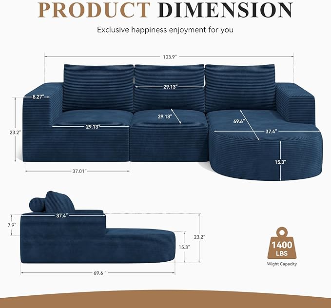 Modular Sectional Sofa with L-Shape Chaise,Cloud Sectional Modern Sleeper Couch with Deep Seat,Sponge Compression Sofas No Assembly Required(Blue-Corduroy Fabric) 1PCS-Ruum Studio Home