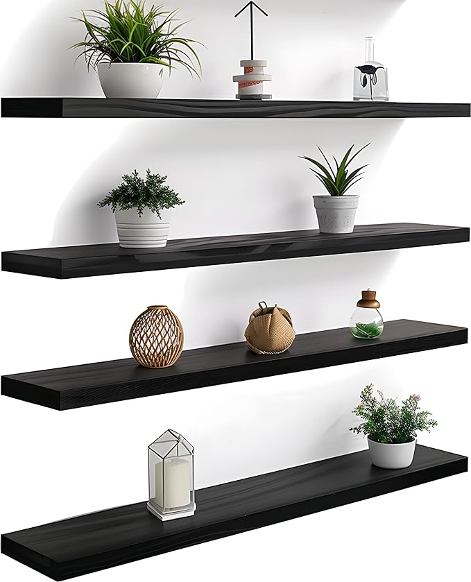 Wood Floating Shelves for Wall Decor, Rustic Wall Shelves for Bedroom Bathroom Kitchen Living Room, Set of 4 Black 36 Inch-Ruum Studio Home