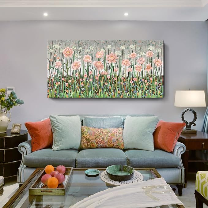 amatop Extra Large Floral Wall Picture for Living Room Modern Botanical Canvas Prints Flower Field Wall Decor Abstract Nature Art Wildflower Garden Pink Green Stretched Artwork Bedroom Office 58x29 in-Ruum Studio Home