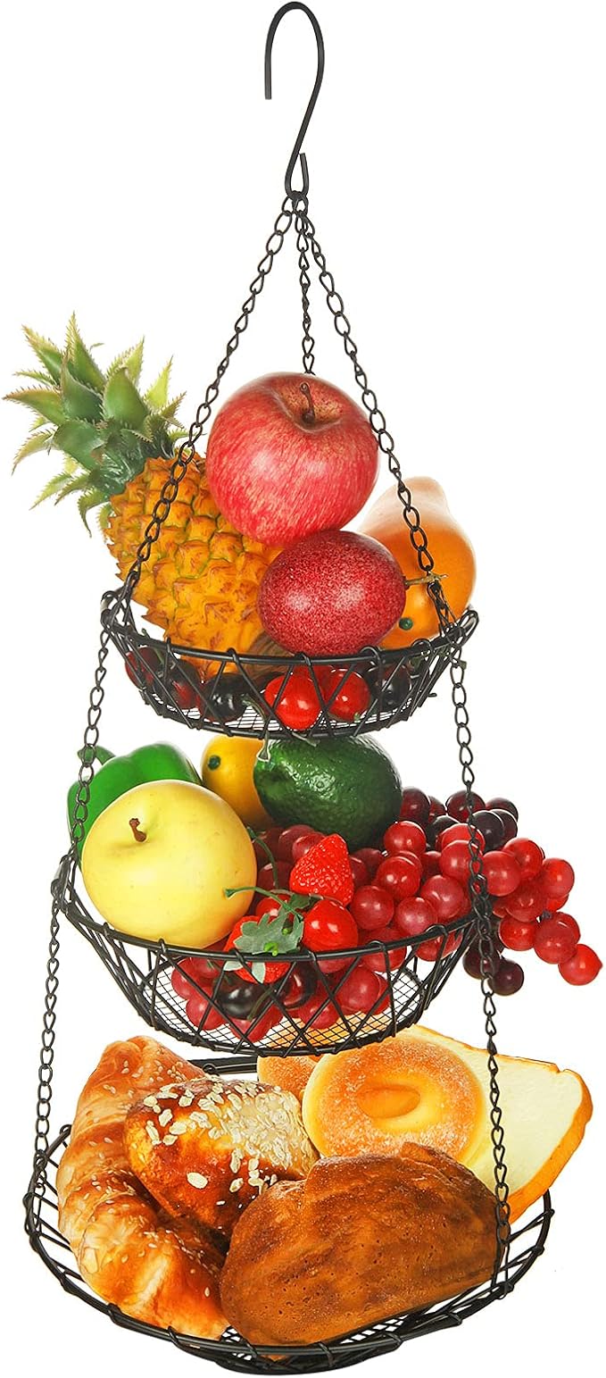 3 Tier Hanging Basket with Sturdy Metal Chain Hanging Hooks Fruit and Vegetable Basket Heavy Duty Wire Organizer Space Saving Rustic Country Style Kitchen Storage-Ruum Studio Home