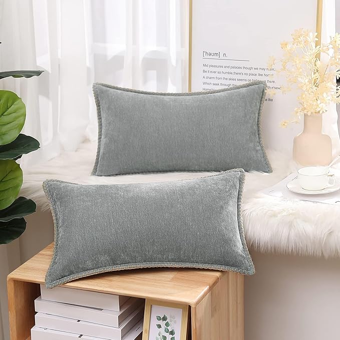 decorUhome Chenille Soft Throw Pillow Covers 12x20 Set of 2, Lumbar Velvet Farmhouse Neutral Decorative Euro Pillow Covers with Stitched Edge for Couch Sofa Bed Home Decor, Neutral Gray-Ruum Studio Home