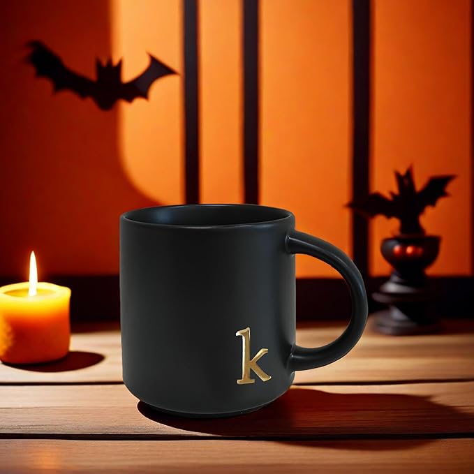 COLLECTIVE HOME - Black Monogram Ceramic Mugs, 15 oz Golden Initial Coffee Cups, Elegant Alphabet Tea Mugs, Personalized Halloween Mug with Gift Box, Perfect for Office and Home Décor (k)-Ruum Studio Home