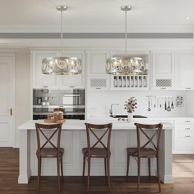 XINGQI 6-Light Modern Farmhouse Chandelier Brushed Nickel, 21.7'' Drum Ceiling Light Fixture for Living Dining Room Over Table with Round Metal Shade Pendant Lighting-Ruum Studio Home