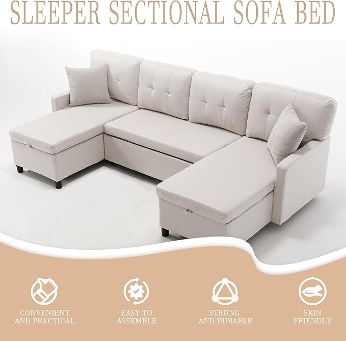 Pull Out Couch, Oversized Sleeper Sofa Couch, Sectional Sleeper Sofa Bed for Living Room Bedroom Lounge (Beige, 110 Inch)-Ruum Studio Home
