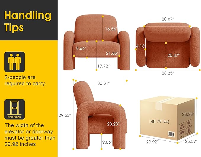 Modern Sherpa Accent Chair, Teddy Upholstered Arm Single Sofa, Cozy Fluffy Reading Chair for Living Room, Bedrooms, Corner (Orange)-Ruum Studio Home