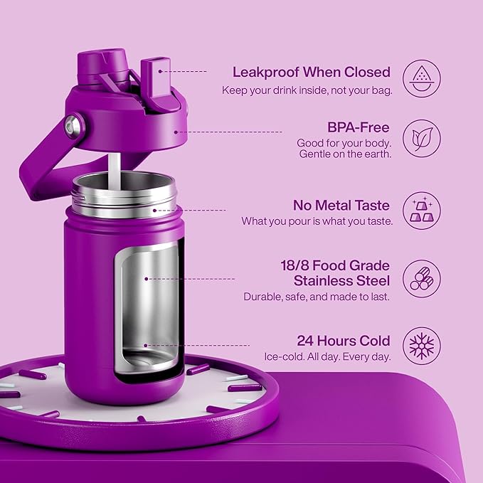 Kids Insualated Water Bottle with Straw - 12oz Stainless Steel Water Bottle with Dual Spouts, Leak-Proof, BPA-Free, Double Wall Vacuum Keeps Cold for 24 Hours for Sports, Travel (Bright Magenta)-Ruum Studio Home