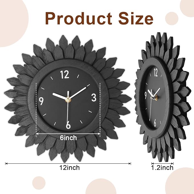 Honiway Wall Clock Battery Operated 12 Inch Rustic Wooden Boho Sunburst Decorative Wall Clock Silent Non-Ticking Black Wall Decor Clocks for Living Room Kitchen Bathroom Bedroom (Black)-Ruum Studio Home